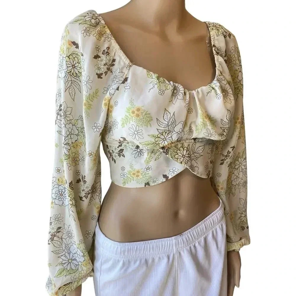 Madden NYC Womens Floral Print Crop Top Off The Shoulder Tie Back SweeHeart M